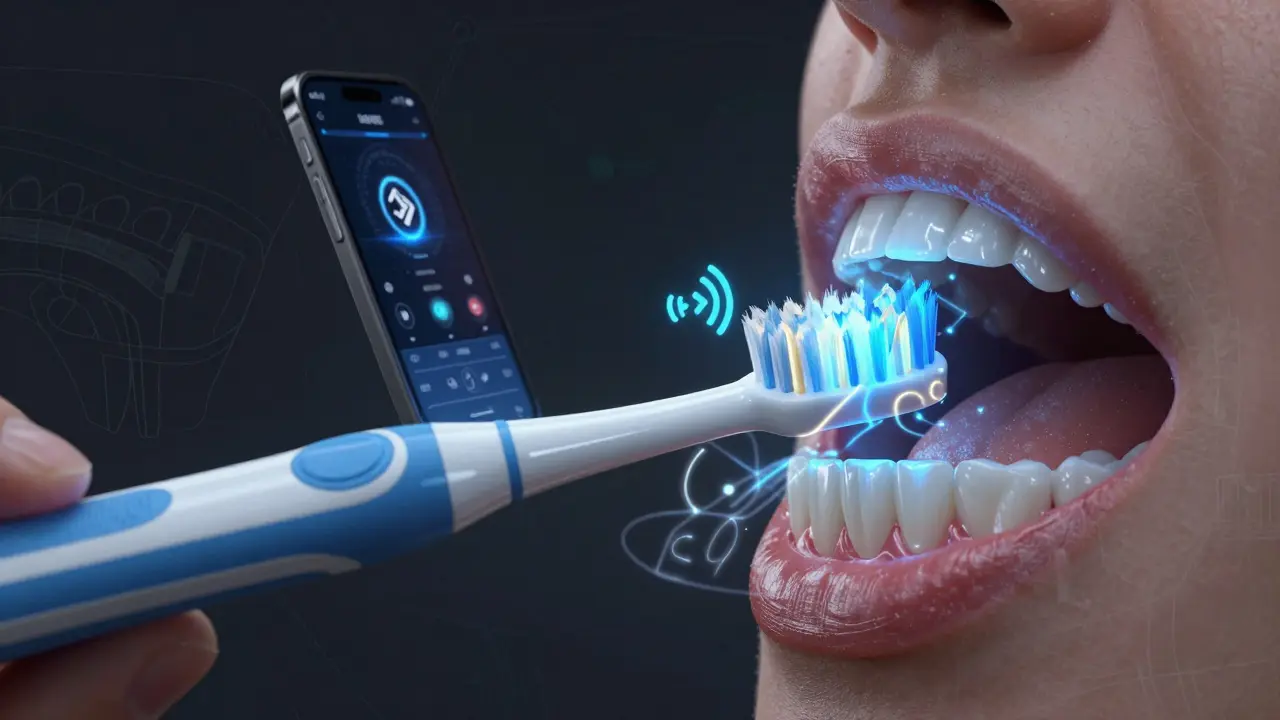 Křížový řez úst s cestami pohybu kartáčku a Bluetooth spojením s telefonem, umělecké zobrazení inteligentního čištění.