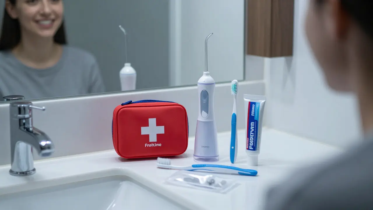 Malá první pomoc na ústní péči s interdentalním kartáčkem, vodním proudem a zubní pastou na koupelně.