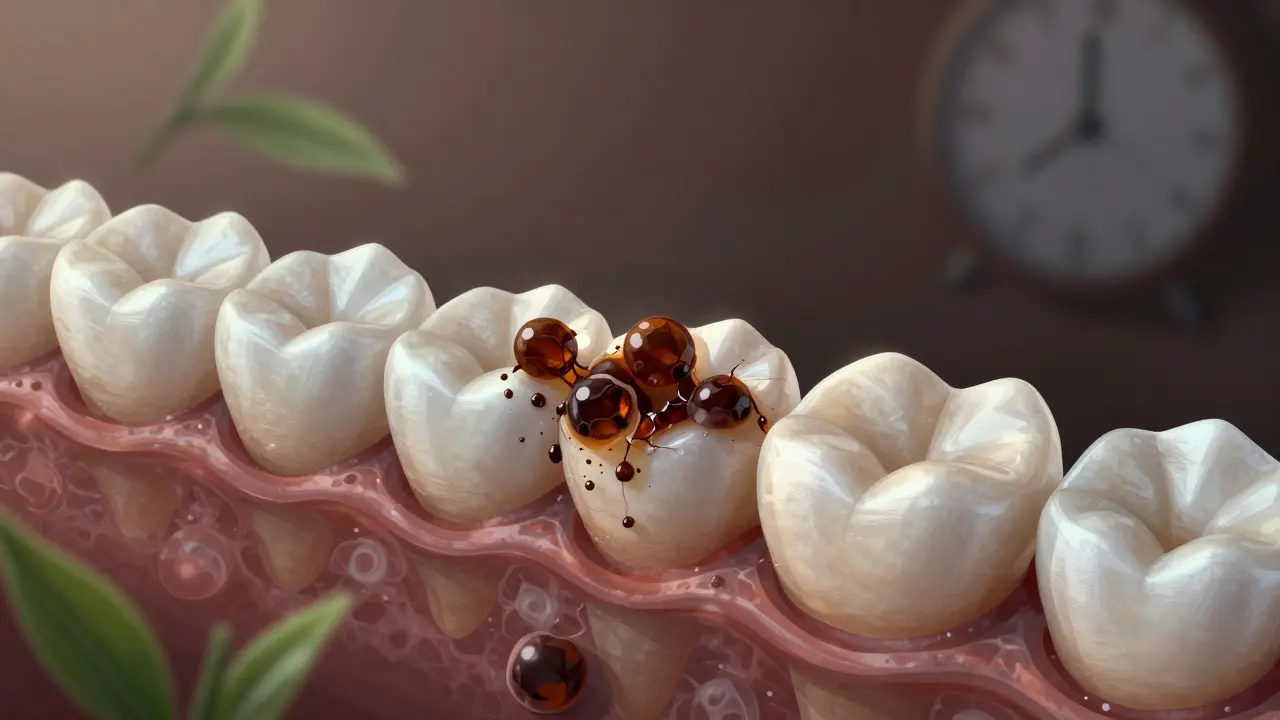 Mikroskopický pohled na tanniny vnikající do mikrotrhlin v zubní sklovině.