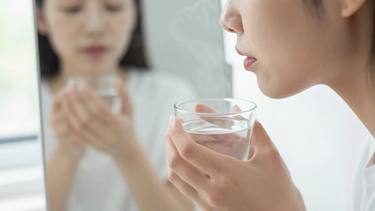 Osoba proplachuje ústa solným roztokem po bělení zubů.