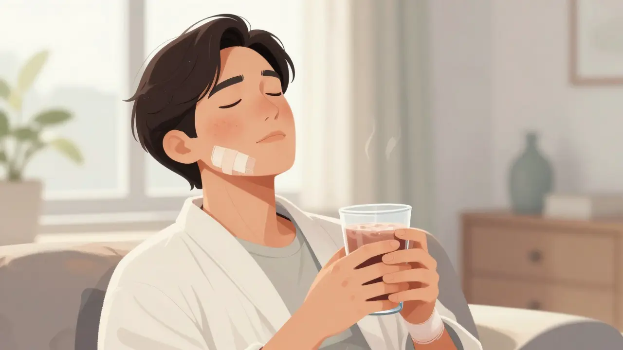 Pacient během zotavení po maxilofaciální operaci pije tekutou stravu s klidným výrazem.