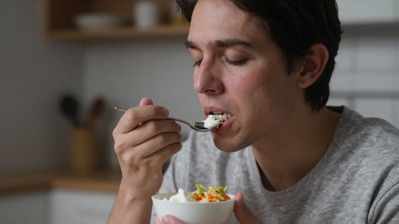 Pacient jí měkké potraviny a vyhýbá se zatížení oblasti zubního implantátu.