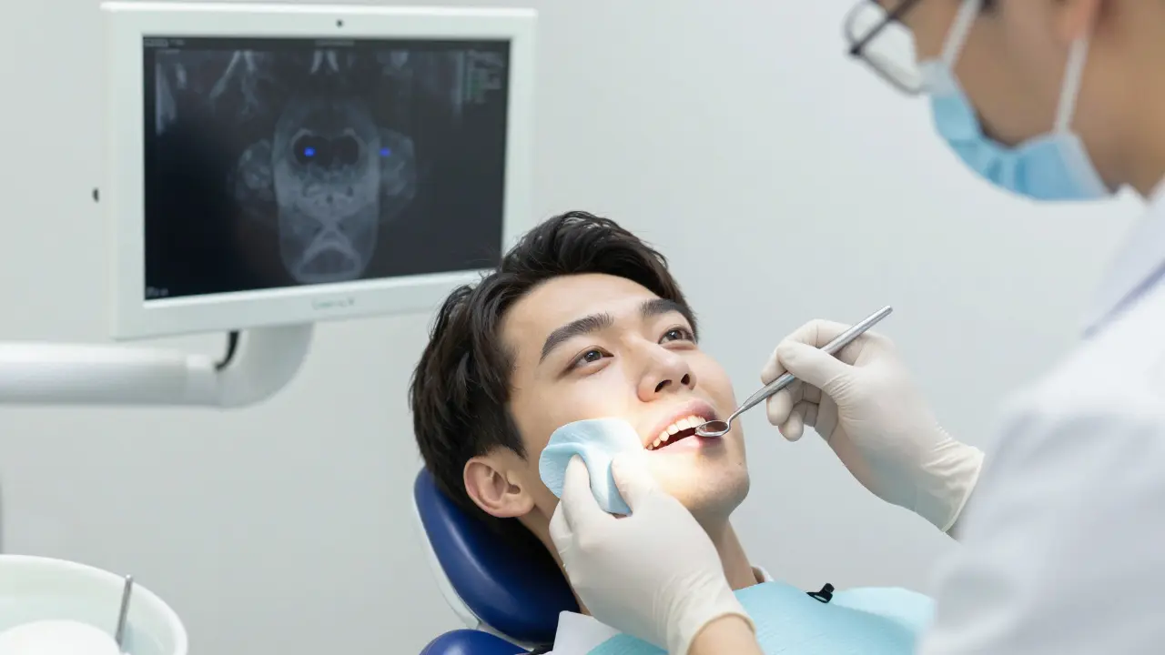 Pacient v zubní klinice s chladným obkladem na tváři, dentist provádí vyšetření.