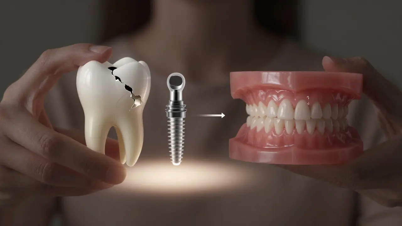 Patient holding dental implant model with visual contrast between poor and treated dental health.