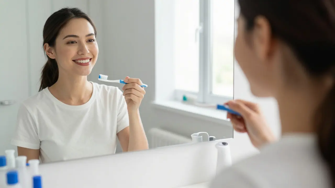 Patient smiling while cleaning dental implants with an irrigator at home.