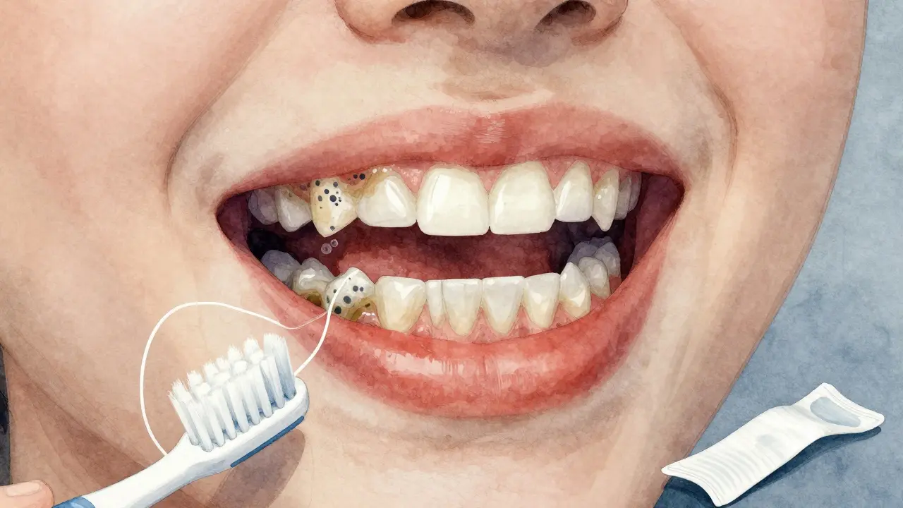 Postupné tvrdnutí plaku na zubech do kamene, s opuštěnými bělícími páskami v pozadí.