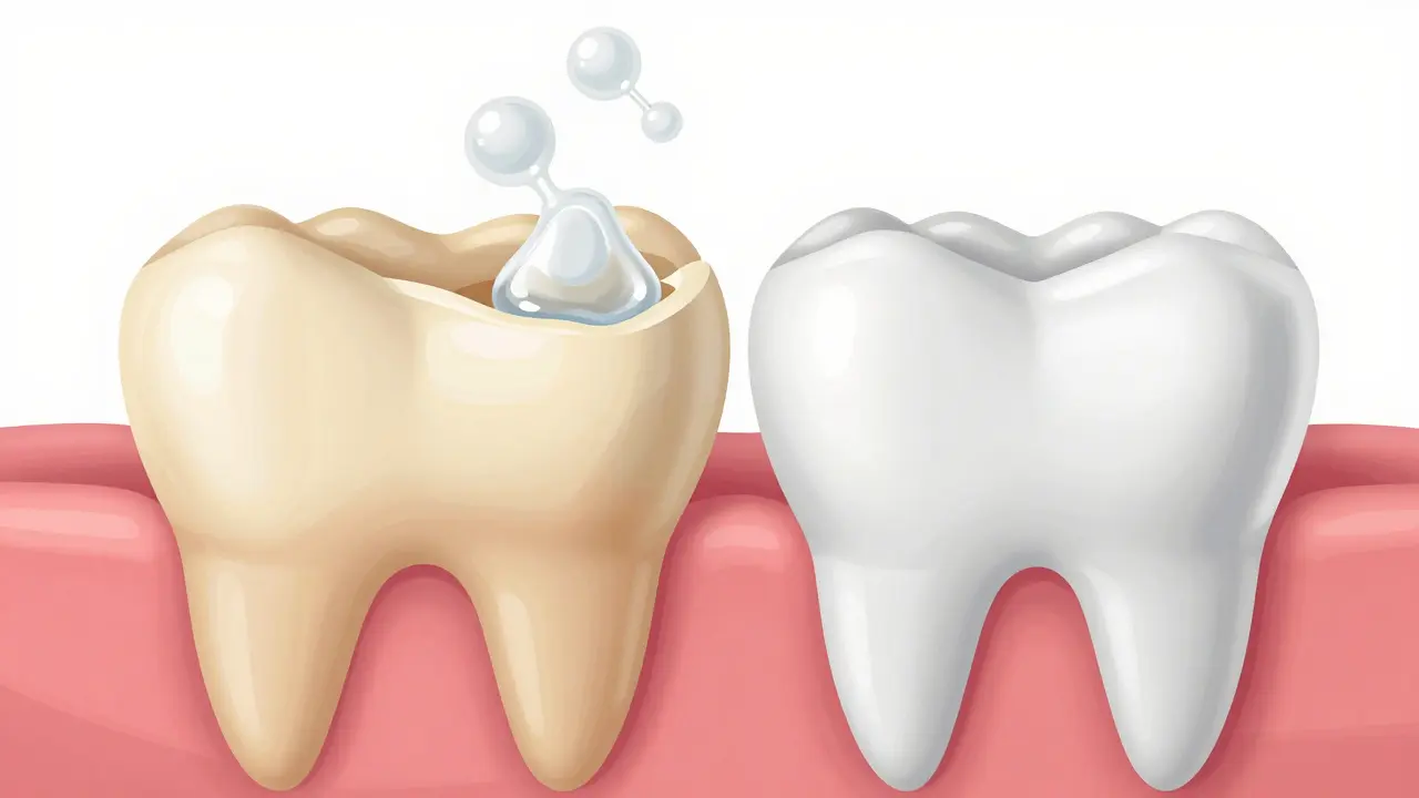 Přehled vnitřní struktury zubu s pronikáním bělícího gelu do skloviny a rozkladem pigmentů.