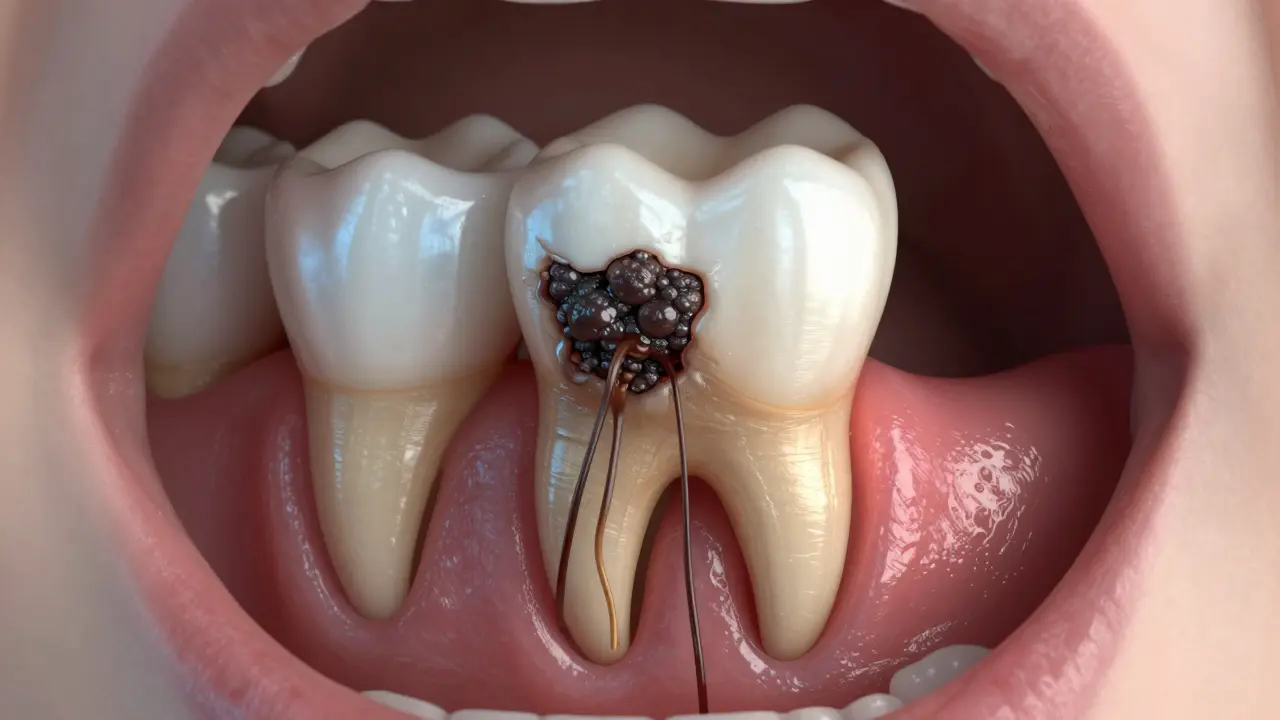 Příčný řez dítětem s viditelným zubním kamenem poškozujícím mléčný zub a ohrožujícím trvalý zub.