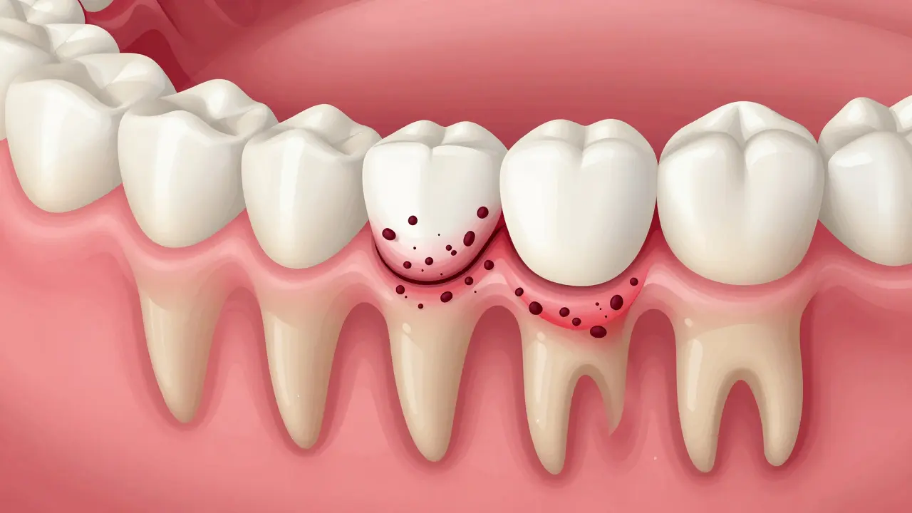 Příčný řez zubu a dásně s plakem a zánětem, ukazující postupnou destrukci kosti.