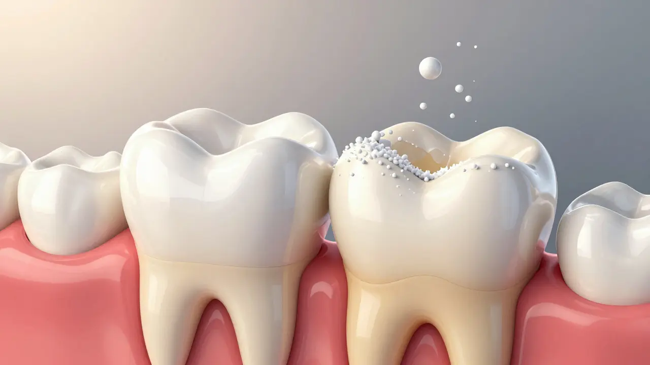 Příčný řez zubu: zdravá sklovinka vs. opotřebovaná sklovinka s žlutou dentinou, s chemickými částicemi ve vzduchu.