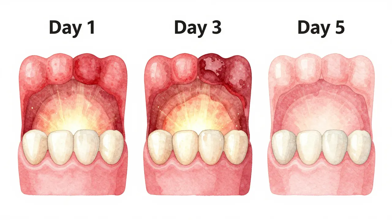 Průběh hojení dásně během pěti dní po bělení zubů.