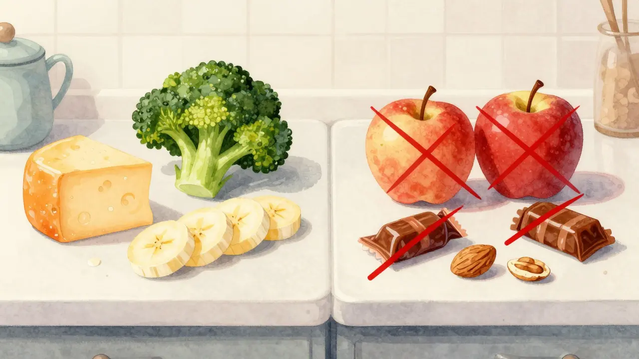 Rozdělený kuchyňský stolek: bezpečné potraviny vlevo a zakázané potraviny vpravo s červenými výstražnými čárami.