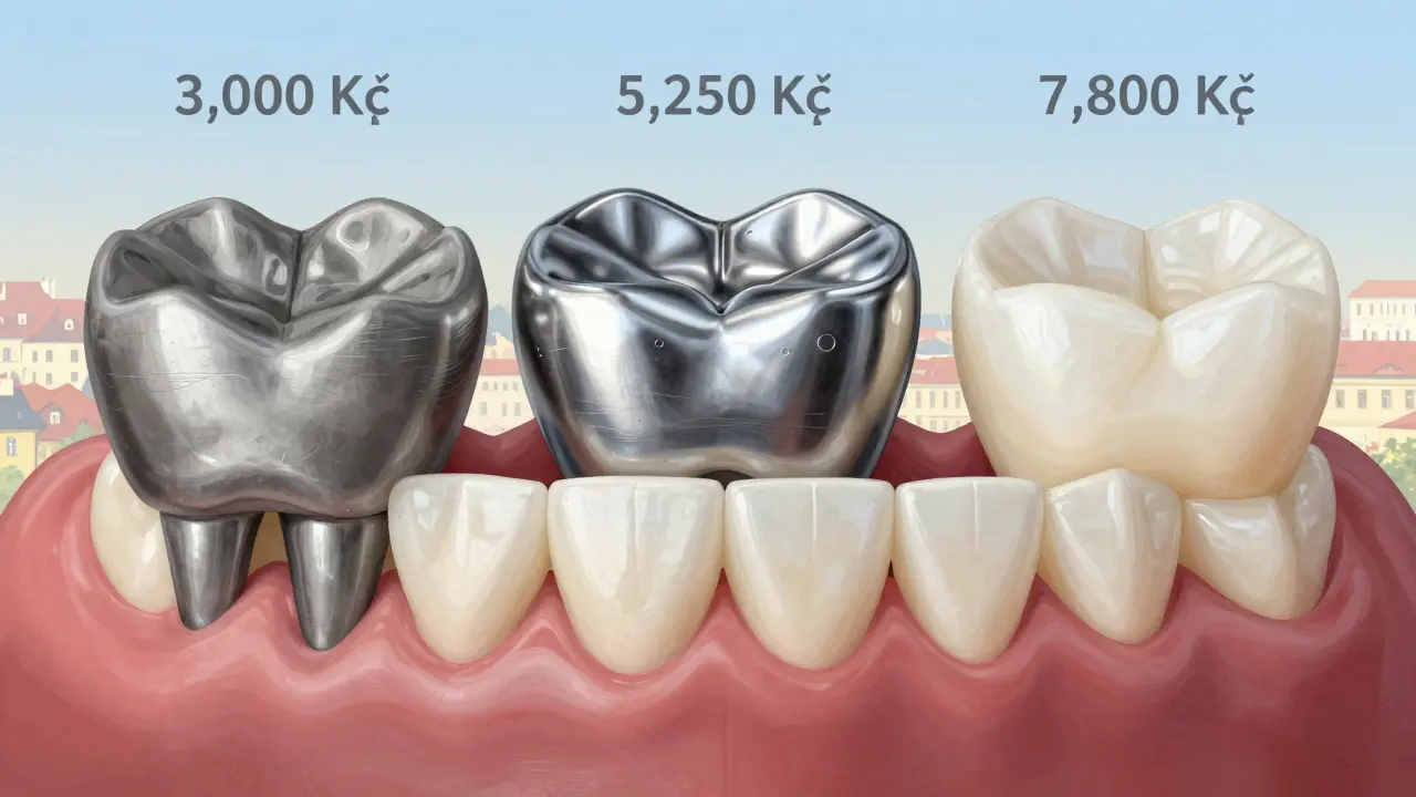Side-by-side comparison of three types of dental crowns on molars and incisors with price tags.