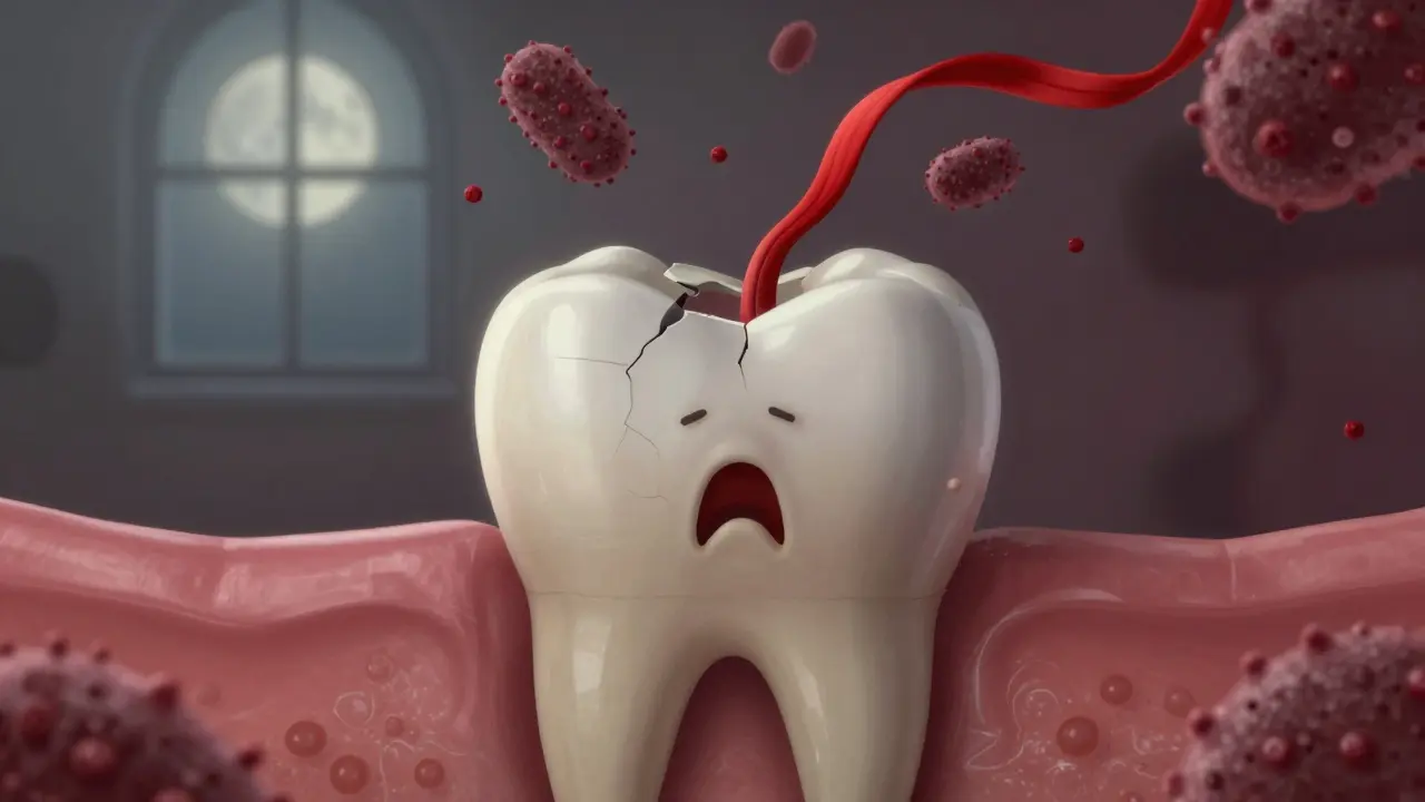 Symbolický obraz zubu s vyrůstajícím nervem a bakteriemi, noční pozadí.