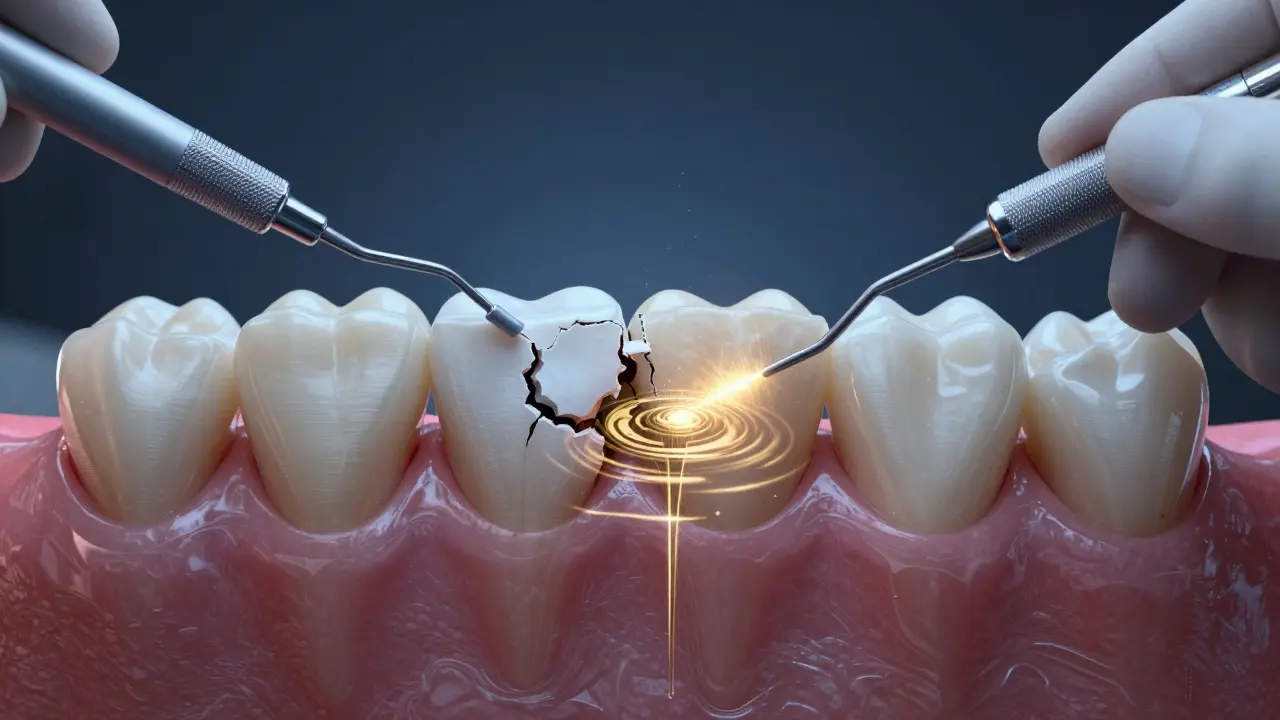 Ultrazvukové odstranění zubního kamene, s vlnami energie a zdravou dásní na pozadí.