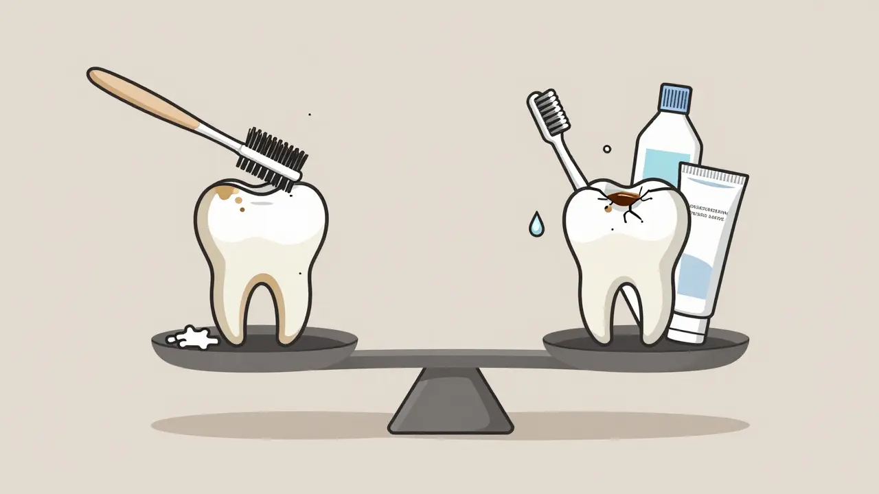 Váha: mírné čištění proti poškození zubů – zdravý zub na jedné straně, poškozený na druhé.