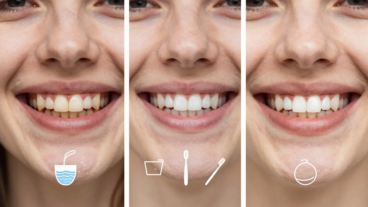 Vývoj bílé barvy zubů během 7 dní: od žlutých po bělé, s ikonami péče o zuby.