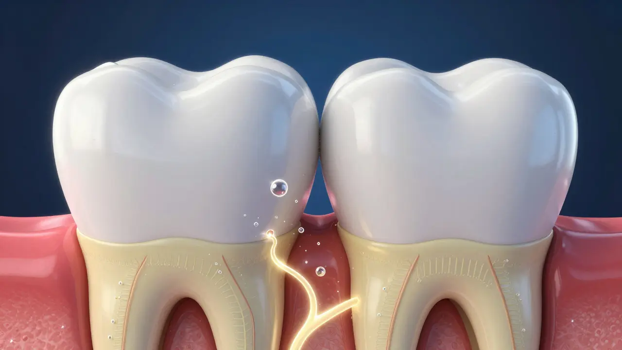 3D detailní řez zubu ukazující průnik bělících látek skrze sklovinu k nervům.