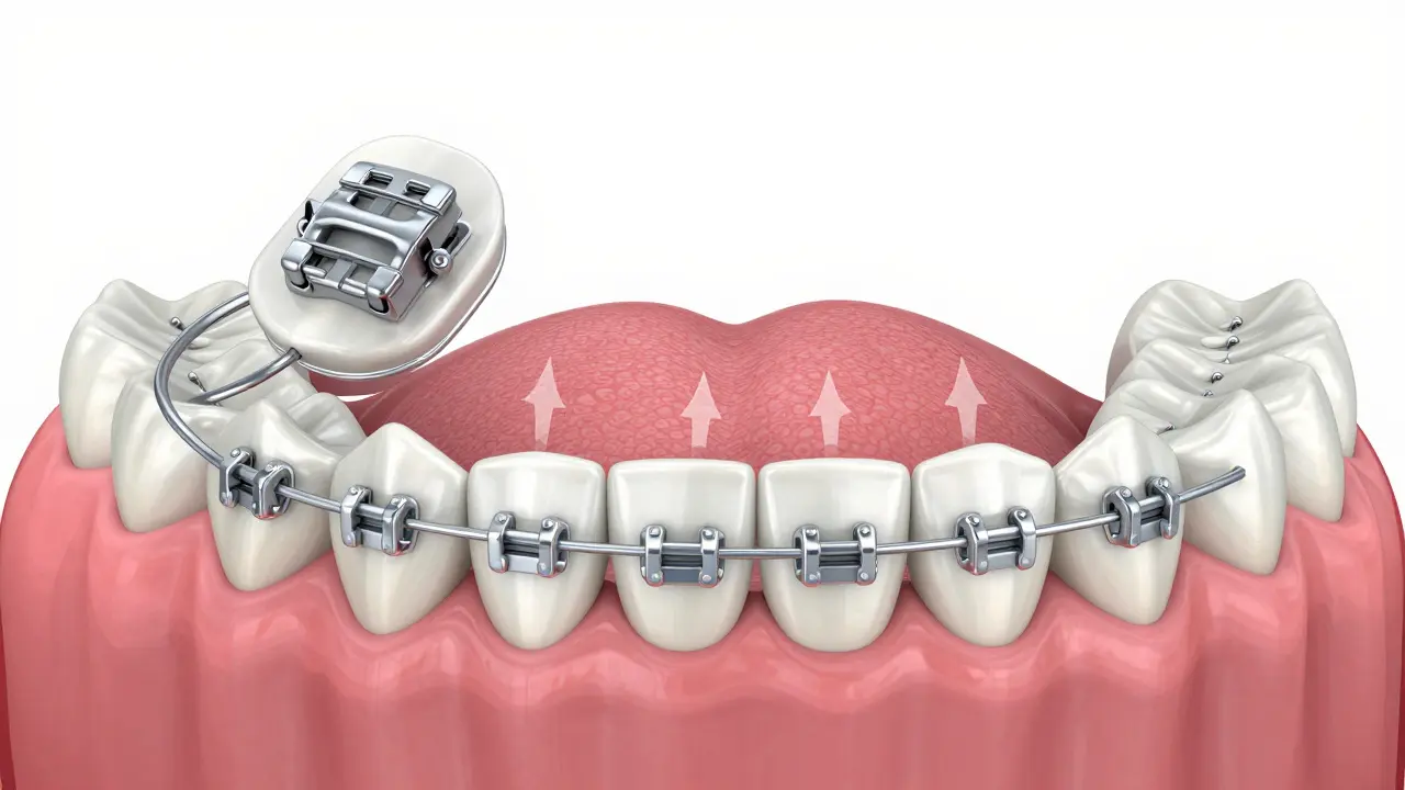 3D ilustrace mechanismu fixních rovnátek s ukázkou tlaku na zuby.