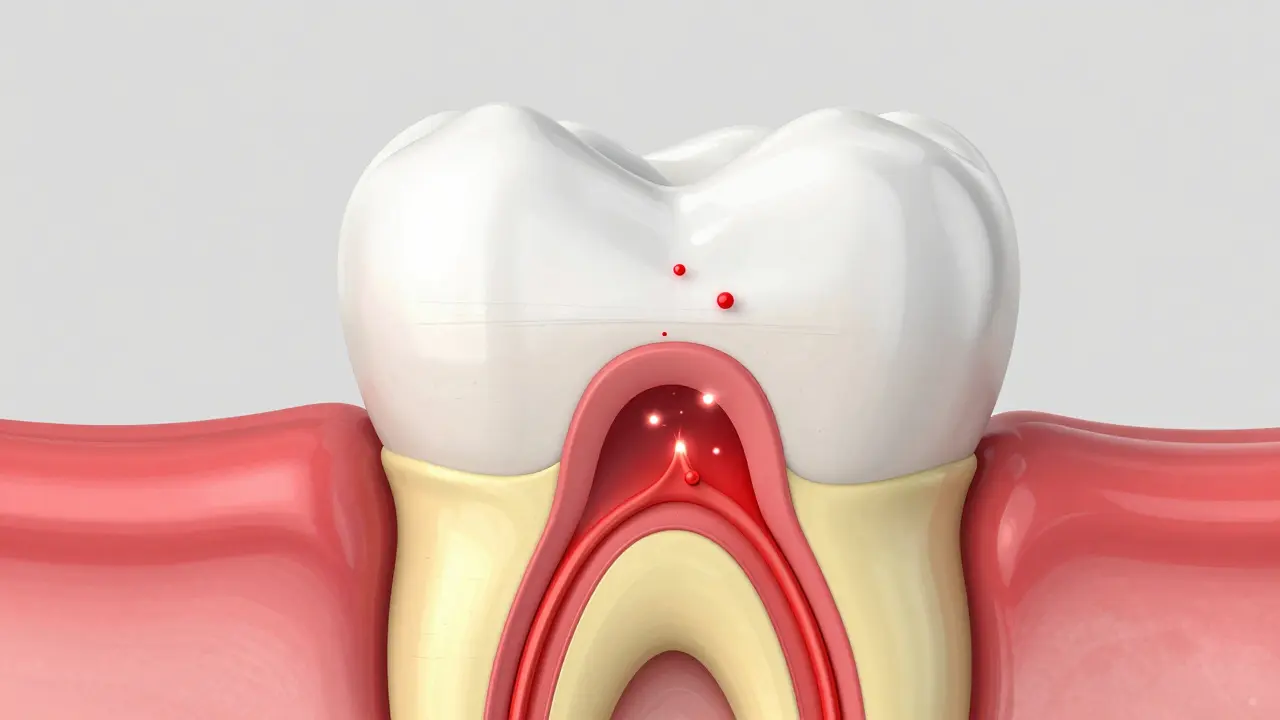 3D ilustrace průřezu zubem s kazem postupujícím ze skloviny do dentinu.