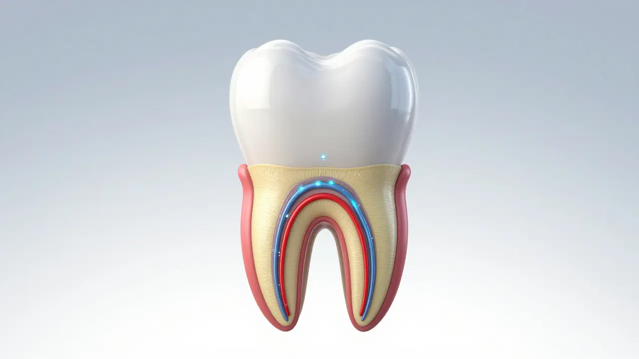 3D ilustrace řezu předním zubem znázornující citlivost skloviny a nervu.