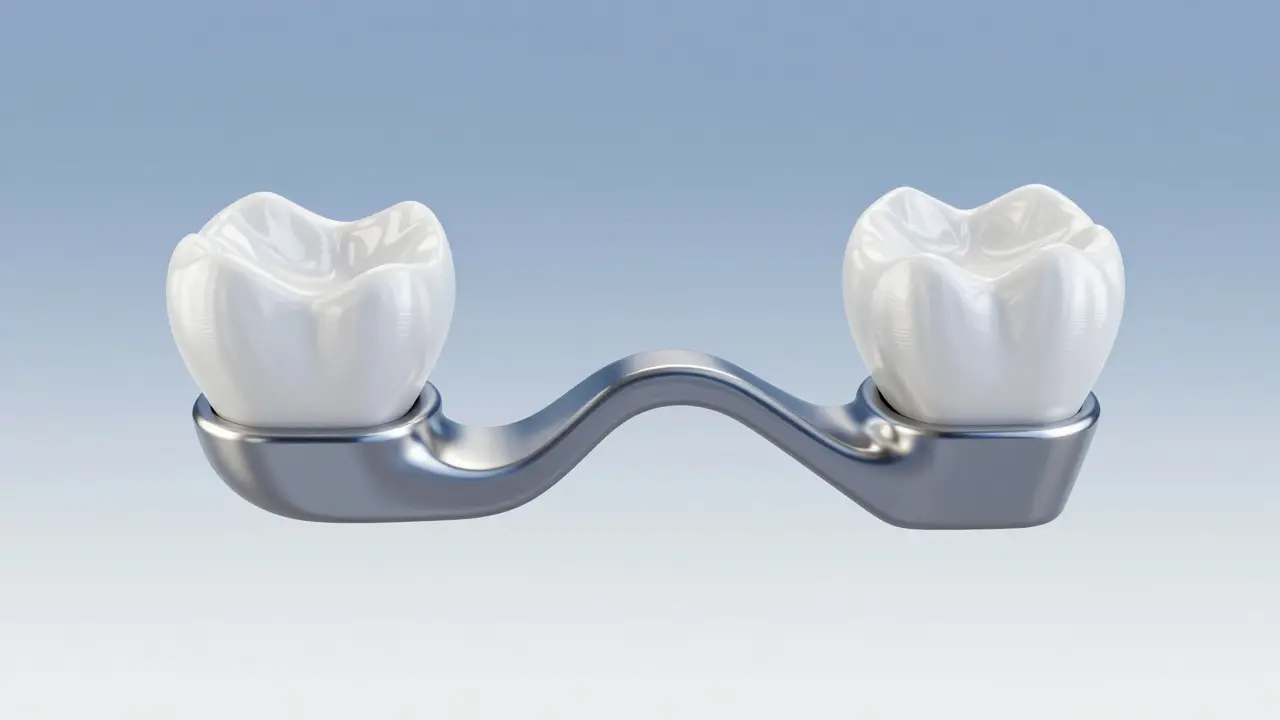 3D model zirkonového zubního mostu s oporami a náhradním zubem.