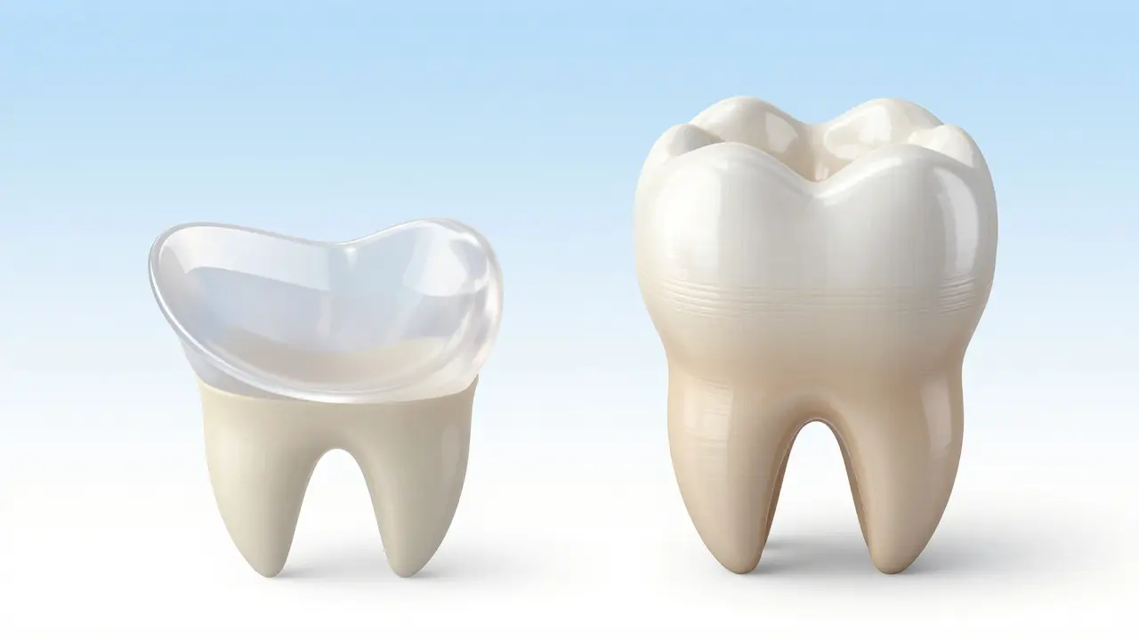 3D vizualizace rozdílu mezi tenkou estetickou fasetou a celou zubní korunkou.