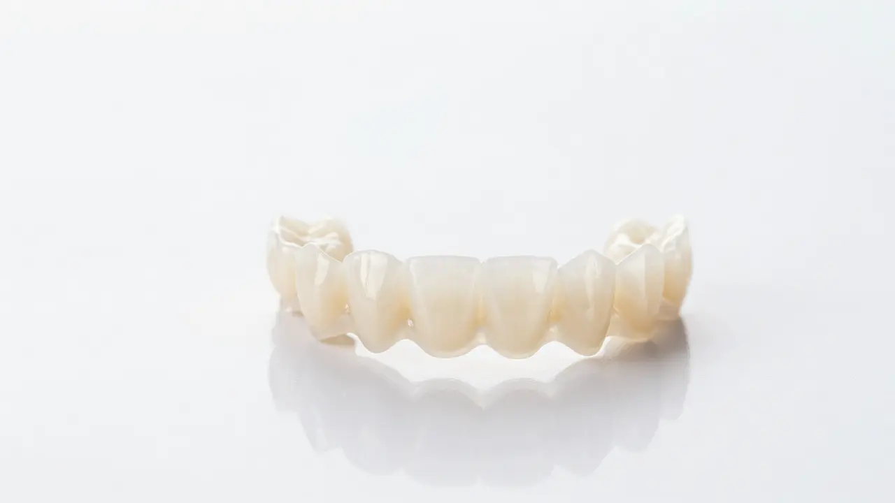 Detail ultra-tenkých průsvitných keramických faset na bílém povrchu.