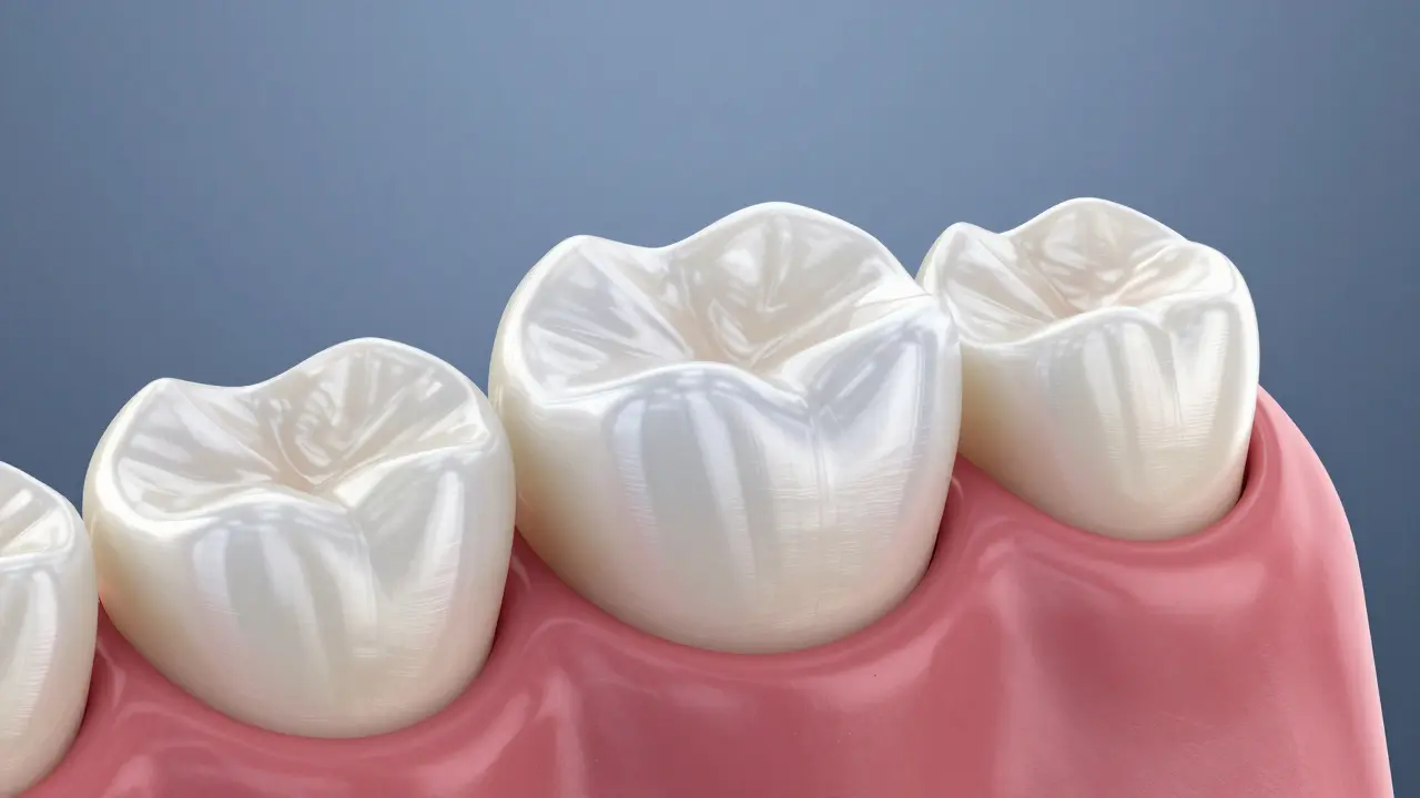 Detailní 3D model keramické korunky kopírující přirozený vzhled zuba.