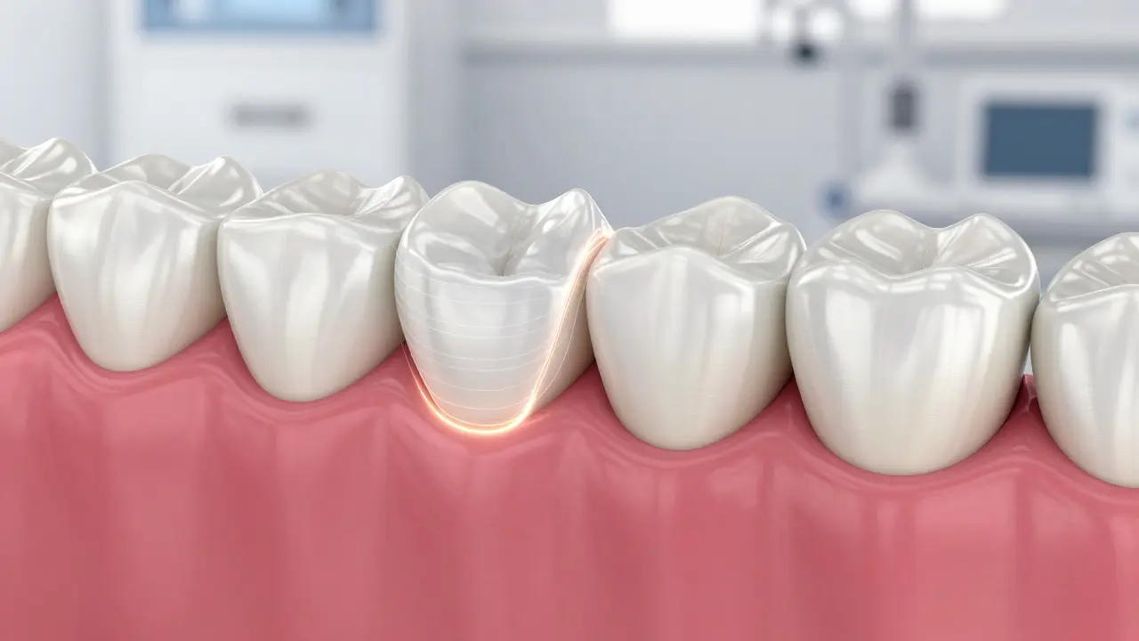 Digitální schéma přesného spojení zirkonové korunky se zubem.