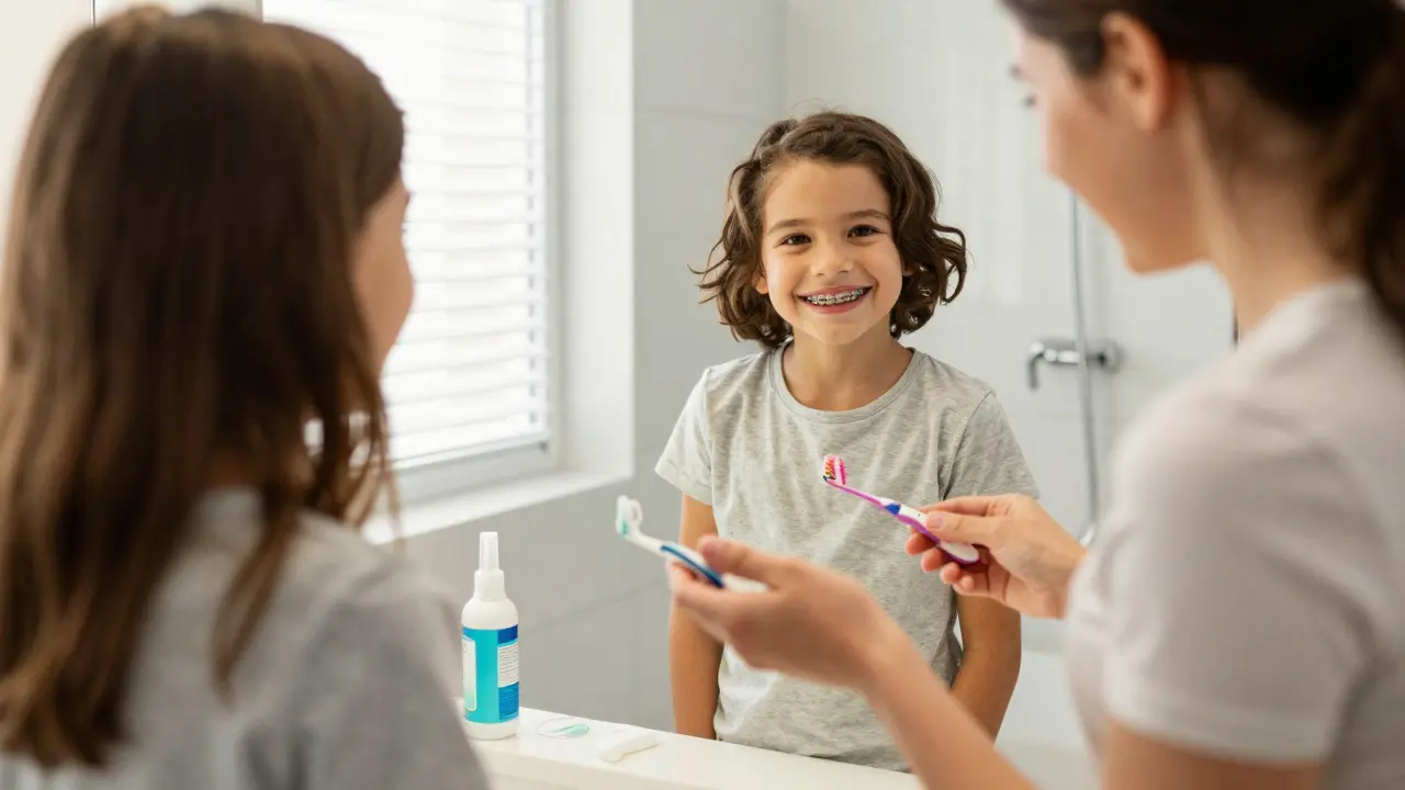 Dítě s barevnými rovnátky a rodič u zrcadla s pomůckami pro hygienuC