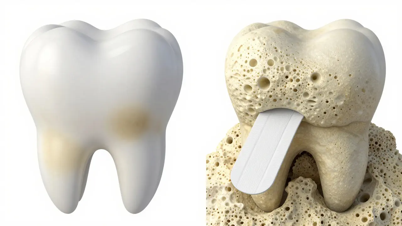 Ilustrace rozdílu mezi povrchovým zbarvením a tvrdým zubním kamenem.