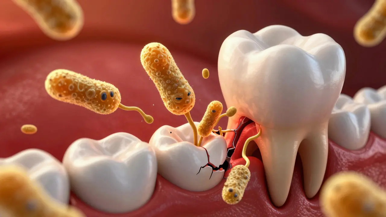 Koncepční zobrazení bakterií pronikajících skrze prasklinu v zubní sklovině.