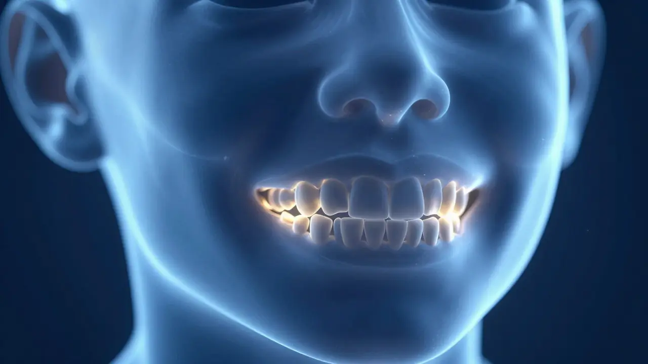 Konceptuální 3D model dětské čelisti znázornující růst kostí.