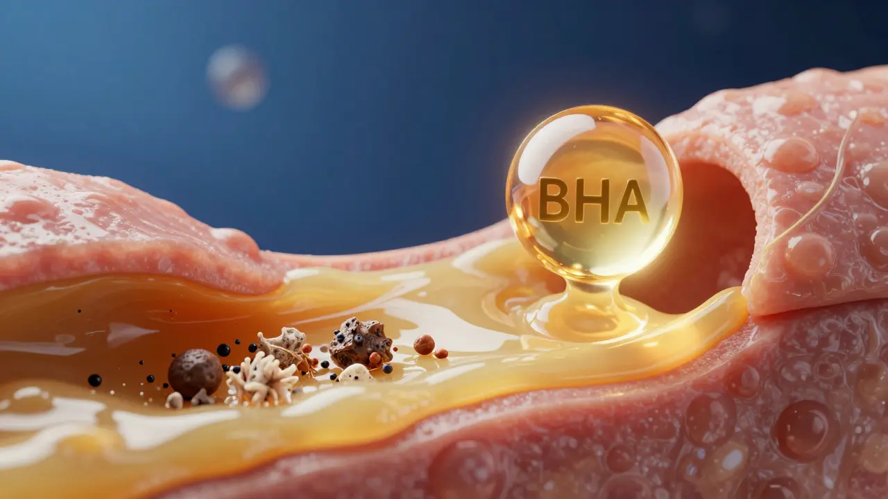 Konceptuální 3D zobrazení čištění pórů pomocí kyseliny BHA.