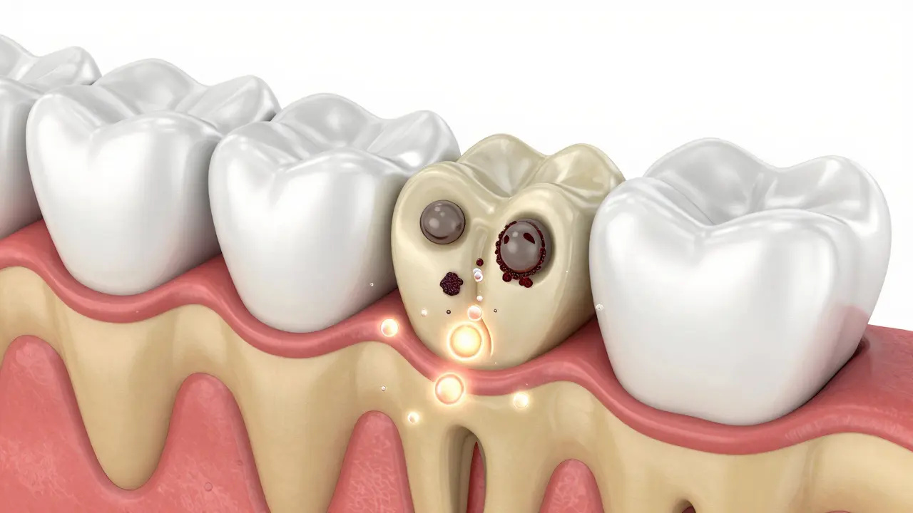 Konceptuální schéma procesu bělení zubů v průřezu skloviny a dentinu.