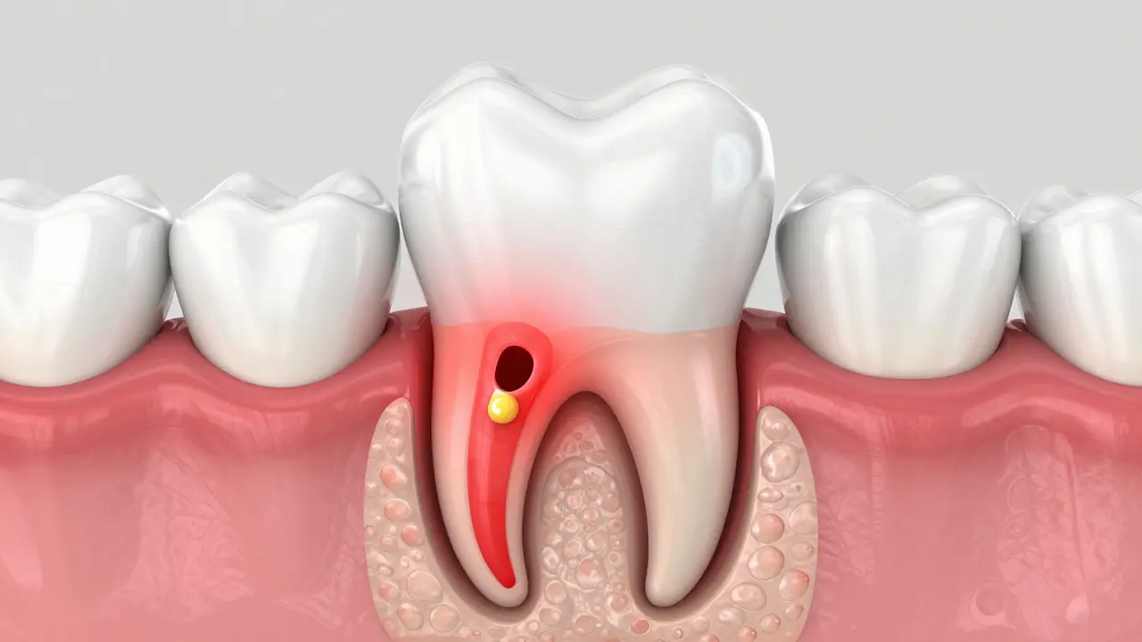 Medicínská ilustrace zánětu v oblasti kořene zubu a periodontu.