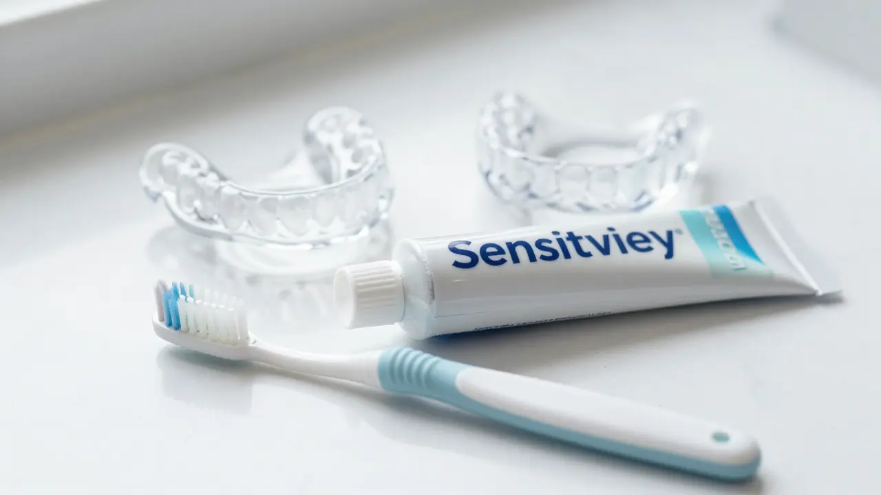 Měkký zubní kartáček, pasta pro citlivé zuby a ochranná dlahová šina.