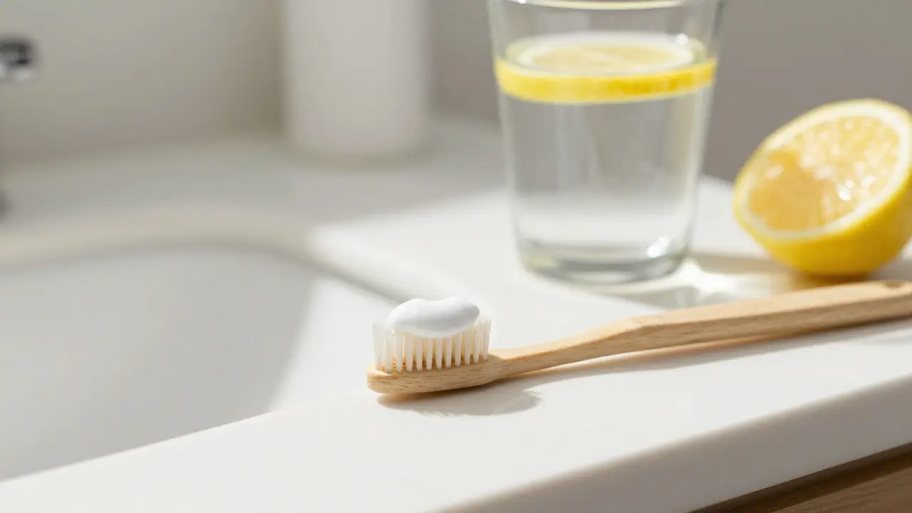 Měkký zubní kartáček s pastou pro citlivé zuby v koupelně.