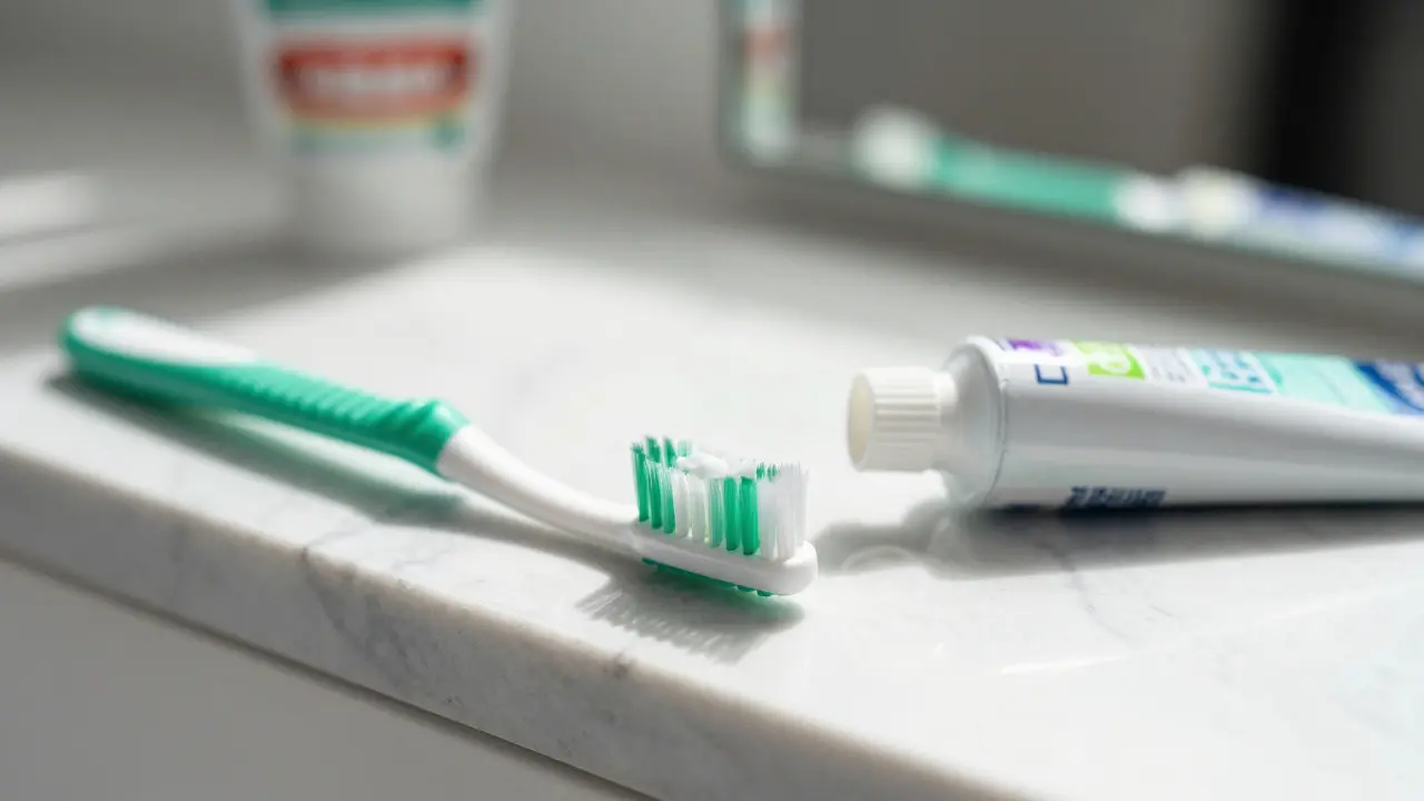 Mezizubní kartáčky a hygiena ústní dutiny na světlém pulte.