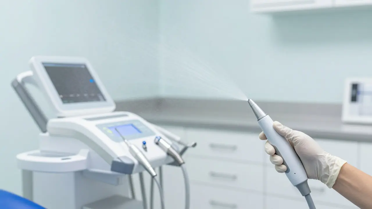 Moderní zařízení pro ultrazvukové čištění a pískování zubů v klinice.