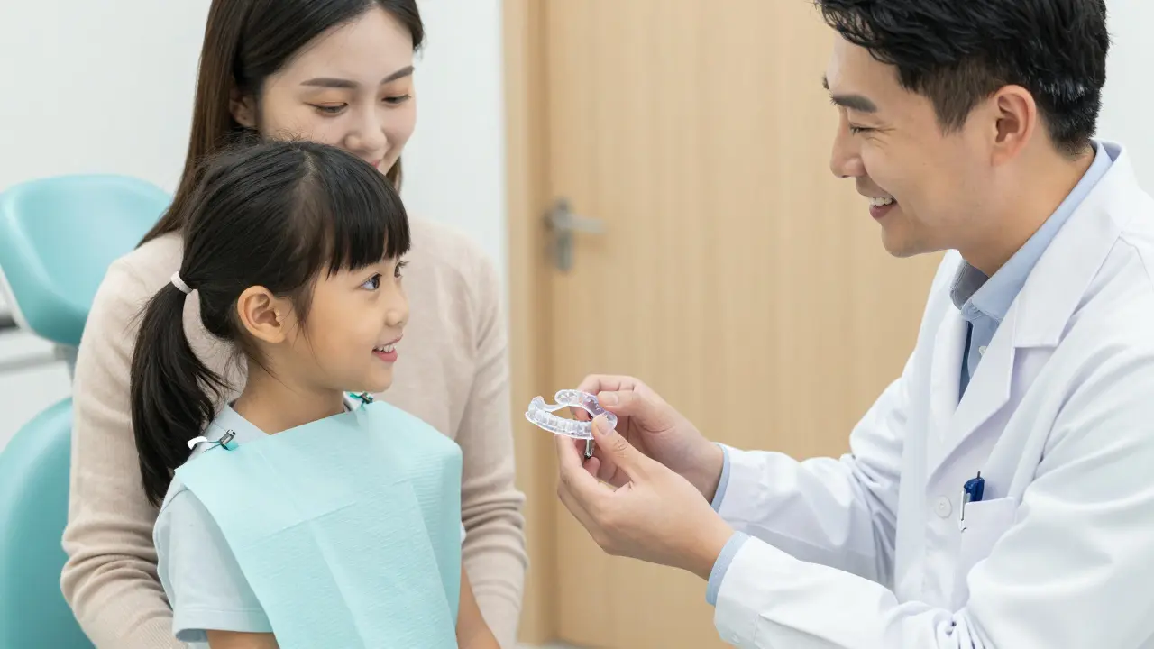 Ortodontista ukazuje dítěti a rodiči moderní съемný ortodontický přístroj.