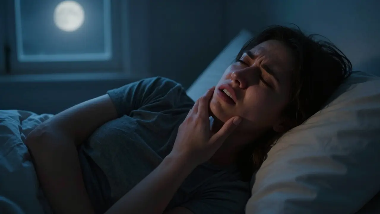 Osoba trpící silnou zubní bolestí v noci v temné ložnici.