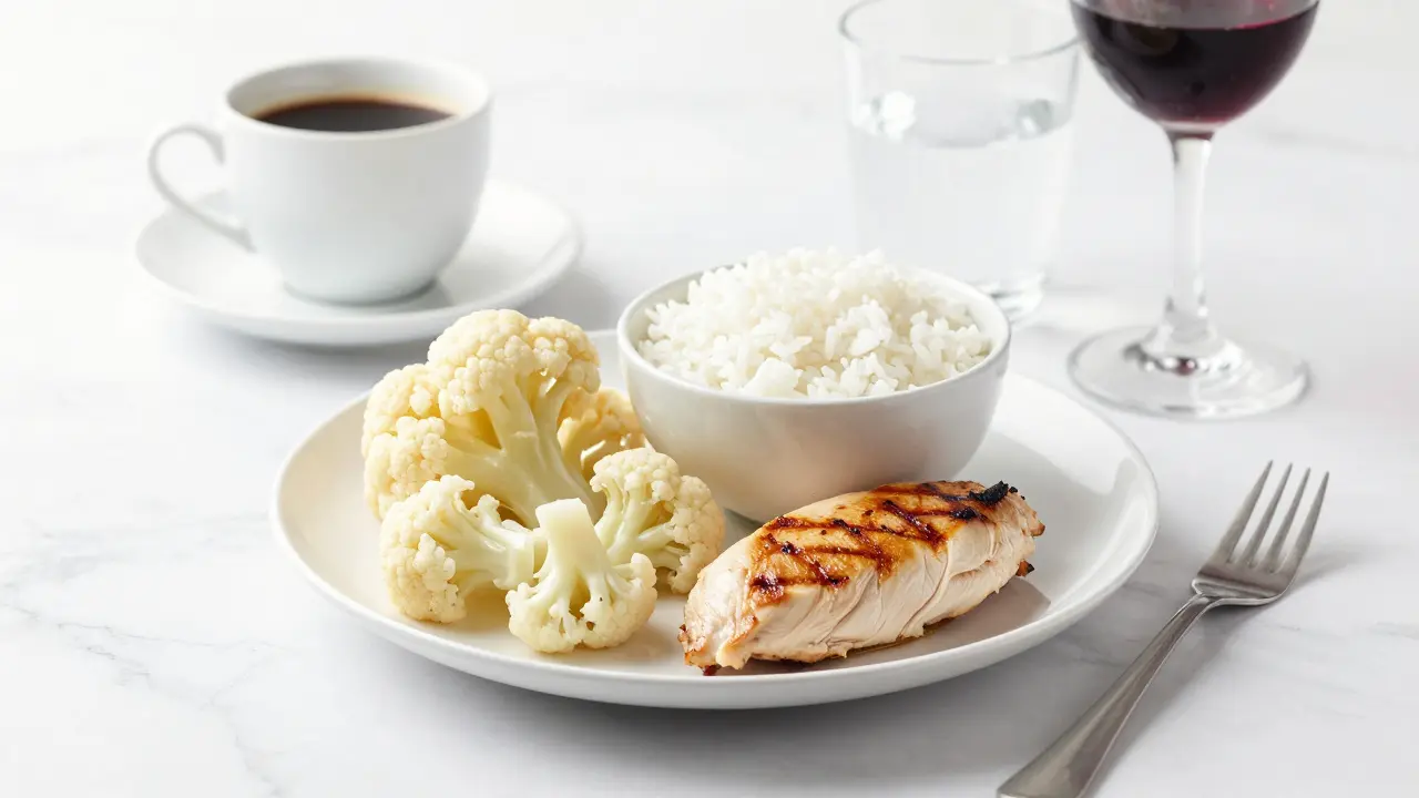 Potraviny bílé diety jako květák a rýže na bílém stole