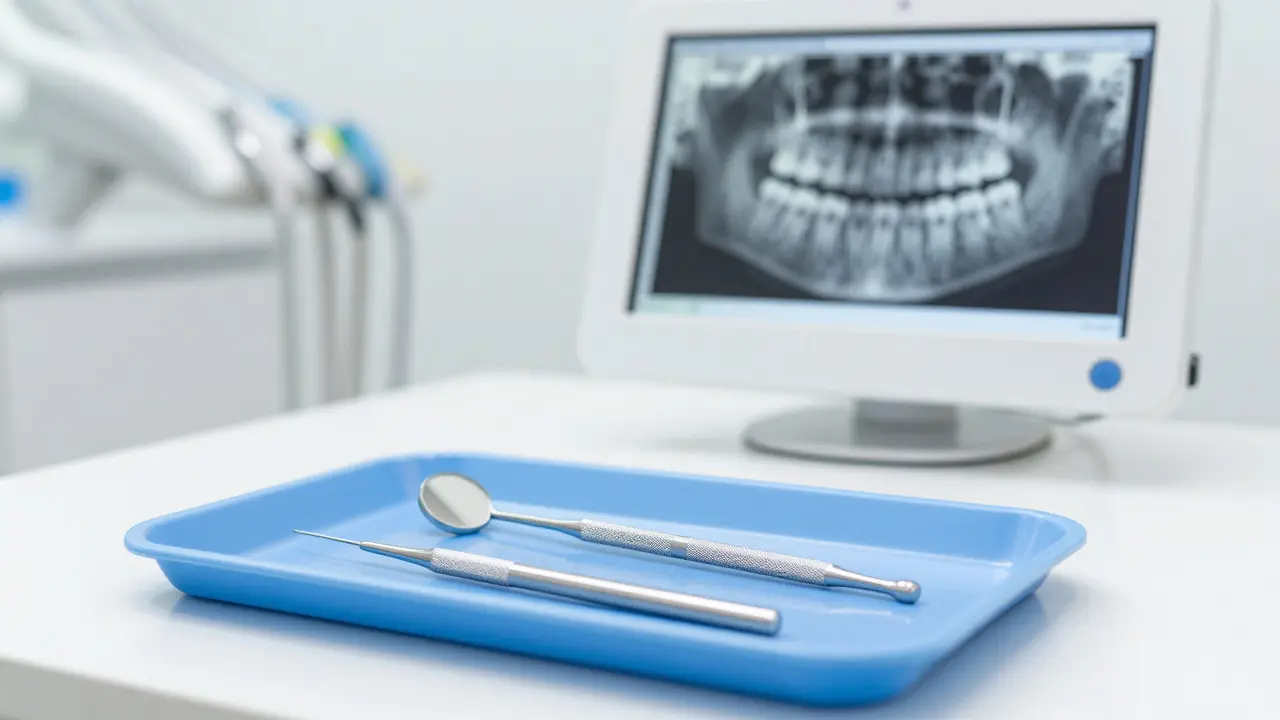 Profesionální zubní nářadí a rentgen zubu v moderní stomatologické klinice.