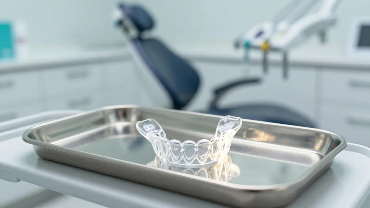Průhledná ochranná dlaha na zuby v prostředí moderní zubní ordinace.