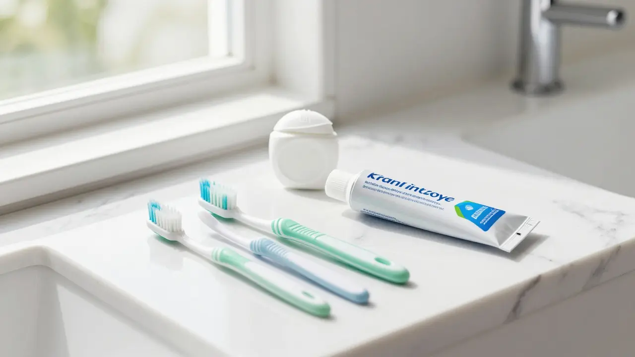 Sada pro správnou hygienu zubů včetně mezizubních kartáčků a nitě.