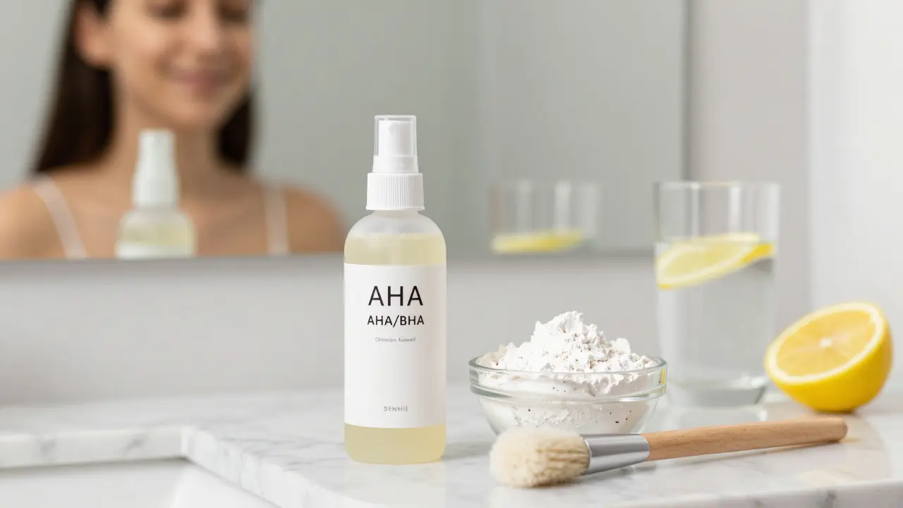 Sada produktů pro hloubkové čištění pleti na mramorovém podložce.