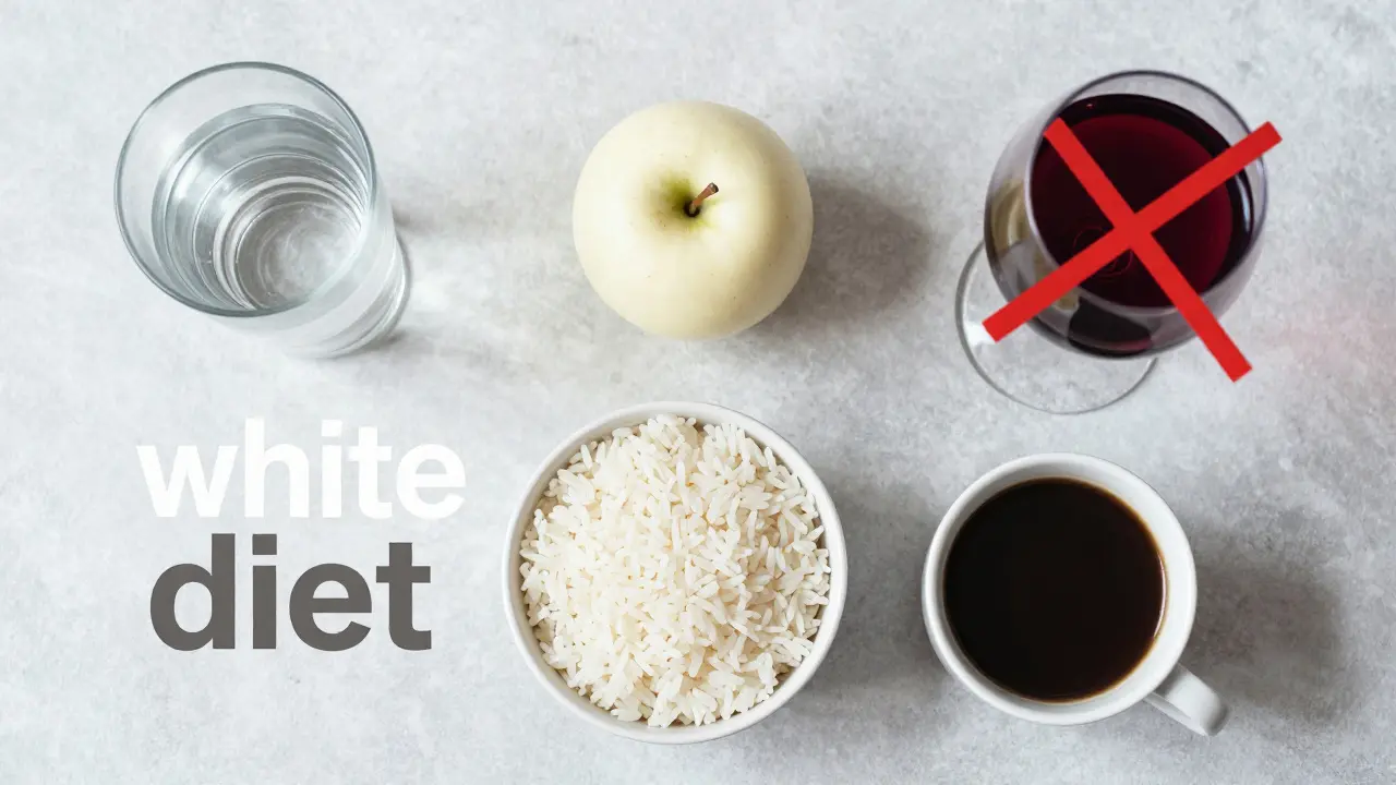 Skladba potravin pro bílou dietu, včetně vody a bílého jablka.