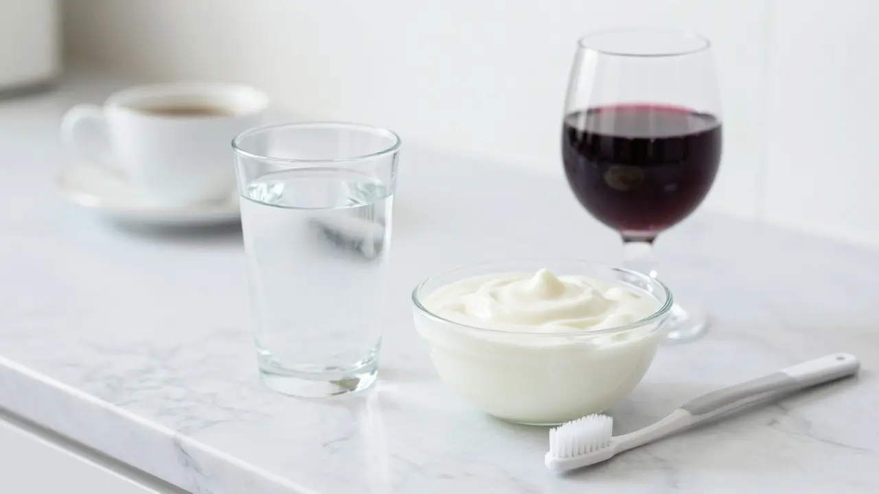 Stůl s produkty bílé diety a jemným kartáčkem pro péči po bělení zubů.